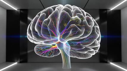 Digital illustration displays a human brain with vibrant neural pathways illuminating in a sleek, futuristic environment. Concept of neuroscience, cognitive health, technology - Powered by Adobe
