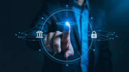 A glowing blue finger scans a circular digital interface with bank and lock icons, radial blue lines, and cyan-accented data links on a black futuristic background