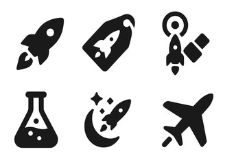 Startup Mission Icons. Solid style icons of startup missions: rocket MVP, early flight tag, new mission, smallsat icon. Solid