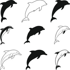 Naklejka premium Dolphin silhouettes Vector, dynamic pose, Dolphin svg, dolphin silhouette,