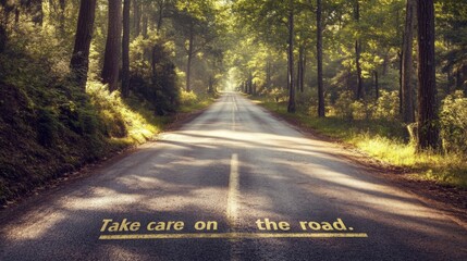 Beautiful country road with a safety message surrounded by trees in a tranquil setting