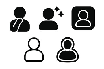 Peaceful User Icons. Solid style icons of peaceful user profiles: user with reflective pose, profile icon with sparkles, calm user