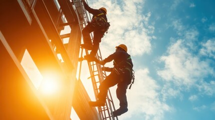 Two construction workers climb a ladder towards the sky, showcasing dedication and teamwork in building a structure, highlighting the human spirit of hard work and determination.