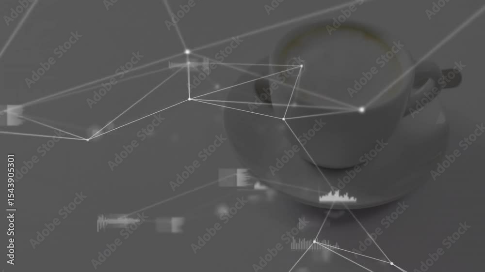 Poster white lines emerging from left forming mesh over cup and saucer with nodes pulsing showing network