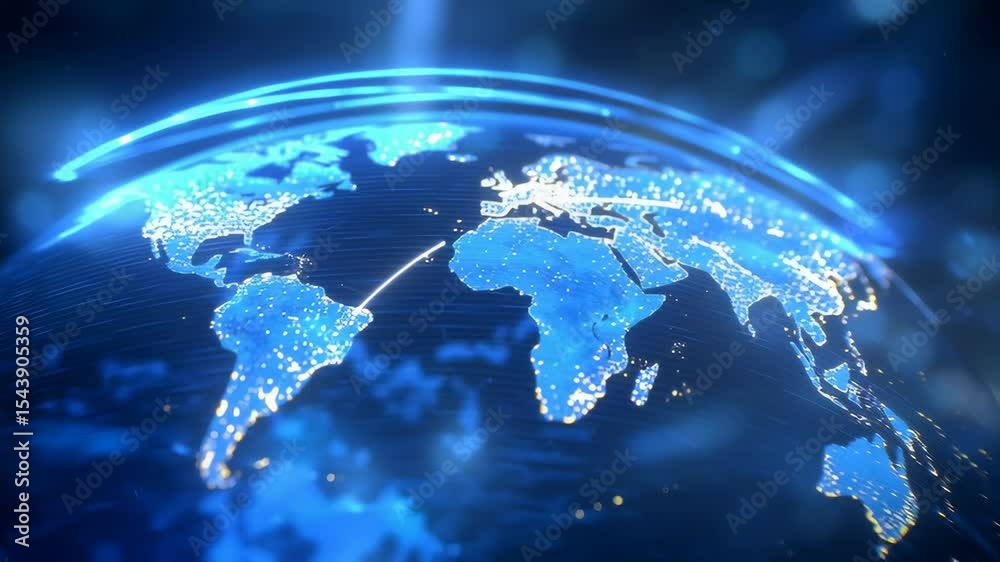 Poster global map displaying illuminated continents with light points indicating urban areas. blue and dark