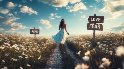 Choices lead to love or fear in a serene meadow during golden hour with a woman in a flowing dress