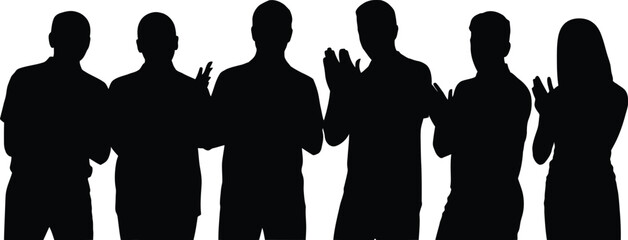 Silhouette of six people clapping hands in a row against a white background