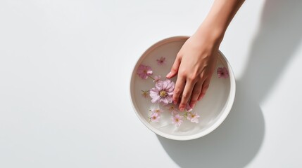 Hand soaking in bowl of water with delicate flowers, spa and healthy lifestyle ritual