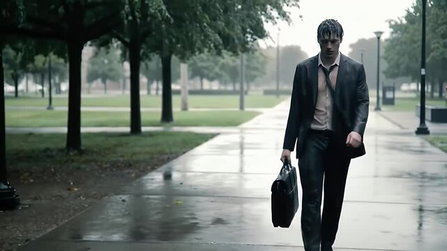 Man in suit walking in the rain with a briefcase