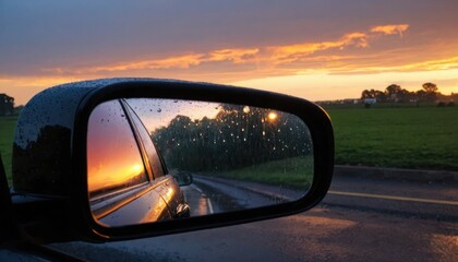 Sunset Reflected in a Car's Side Mirror During a Rainstorm