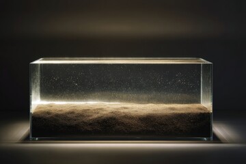 A rectangular glass container, illuminated from below, holds a layer of sand submerged in clear water, with suspended particles visible