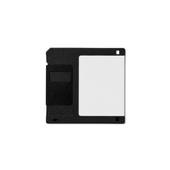 A black and white floppy disk, a vintage storage medium used for saving data in computers.