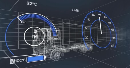 On opening dashboard 3D truck speeding and charging then slowing visualizing performance metrics - Powered by Adobe