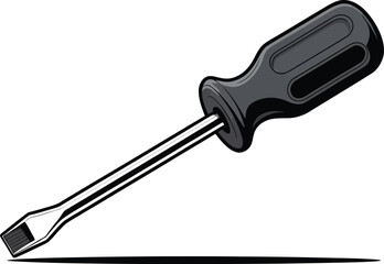 Illustration of a flat head screwdriver with a black handle on white background