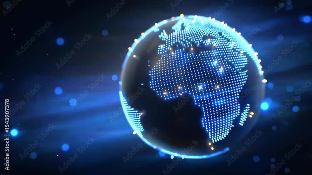 Poster earth depicted with illuminated dots representing continents in vibrant blue light. background featu