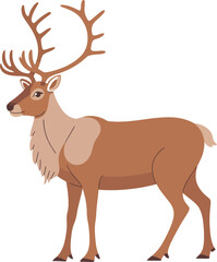 A cartoon reindeer standing in snow with a light blue and white background