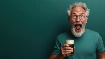 An elderly man with a joyful expression holds a pint of beer, celebrating life with exuberance, showcasing the delight in simple pleasures during evening gatherings with friends.