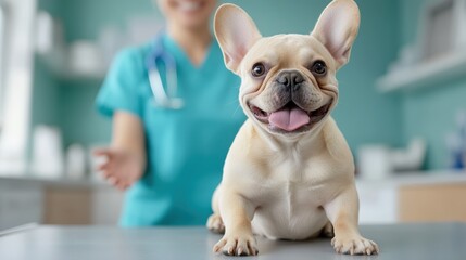 A cheerful French Bulldog sits on a vet's table, exuding joy and friendliness as it interacts with a caring veterinarian, highlighting the loving bond typically shared by pets and their owners.