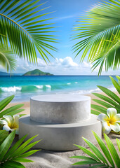 Two-tiered concrete pedestal on sandy beach with tropical plants and ocean view