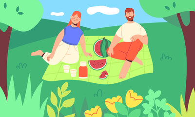 Summer picnic concept. A guy and a girl relaxing in nature at a picnic