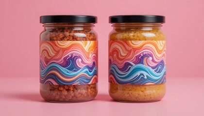 Two jars with vibrant label design on a pink background food and product