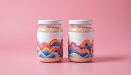 Two jars of product on a pink background with colorful wave design