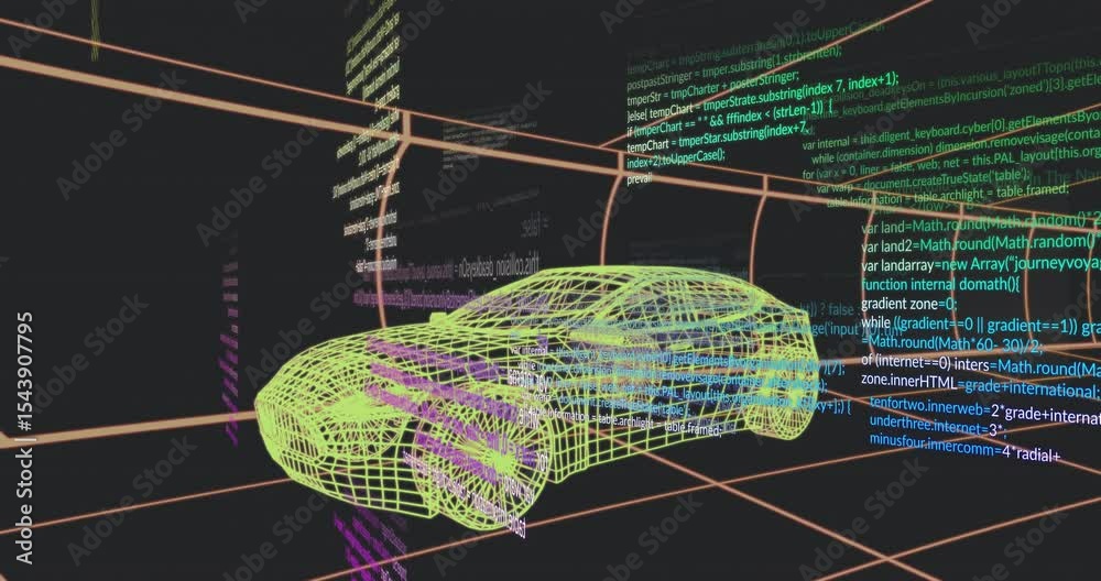 Poster neon yellow wireframe car emerging in tunnel, code scrolling wrapping model for code integration