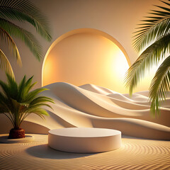 Minimalist product display platform in desert setting with palm trees at sunset