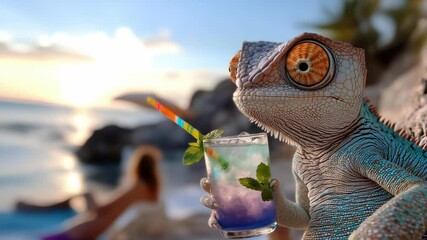 A unique creature relaxes on the shore, savoring a refreshing drink with colorful layers while a person unwinds in the background. This tropical getaway showcases summer vibes and tranquility