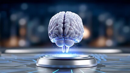 3D rendered brain rotating on a sleek pedestal in a high-tech laboratory. Bright futuristic setting with glowing lights emphasizing innovation - Powered by Adobe