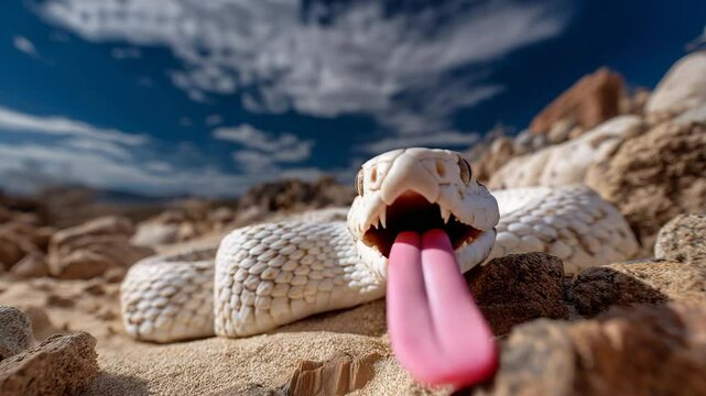 White snake with funny tongue, desert background
