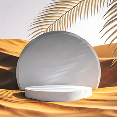White circular podium in desert sand dunes with palm leaf shadows