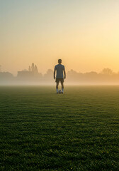 A man standing with a soccer ball on a misty field at sunrise. Sports training and morning workout concept.