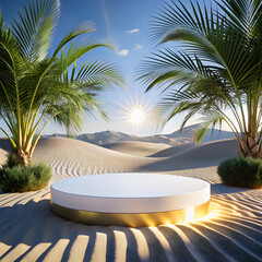 White and gold podium in desert landscape with palm trees at sunset
