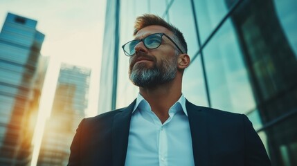 A professional man exudes confidence and determination as he stands in front of glass buildings, dressed in a suit and sunglasses reflecting the modern city life.