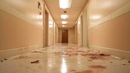 An eerie corridor depicted with dark stains and a haunting feel, emphasizing abandoned decay and conveying a strong sense of mystery and suspense in a deserted setting.