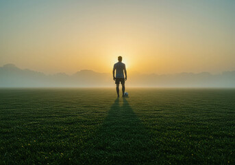 Rear view of a man athlete with a soccer ball on a green grass field at sunrise. Sports stadium or football practice.
