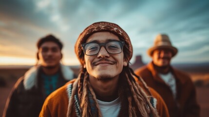 Three friends enjoy a beautiful sunset together, smiling and reflecting a deep bond against a stunning landscape, capturing a moment of friendship and joy in nature.