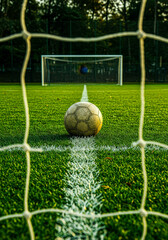 Football on the penalty spot with goal in background through net, concept of scoring or aiming for success in sport.