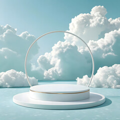 White minimalist podium with gold accent, serene cloudscape background, product display