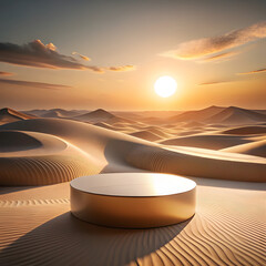 Golden cylinder platform in desert landscape at sunset, dunes, sand
