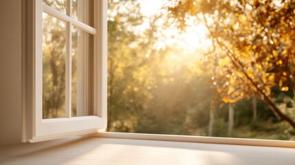 Fototapeta premium A serene view from a window, capturing the golden light spilling into a room, illuminating the surrounding autumn foliage and creating a warm atmosphere.