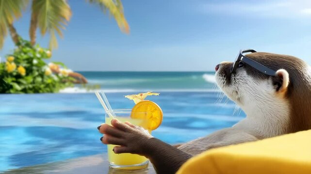 An otter lounges comfortably by the sparkling pool, sipping on a fruity drink. The sunny backdrop features palm trees and a stunning beach, perfect for a summer getaway