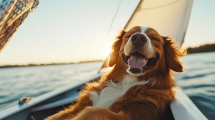 A joyful golden retriever lounging on a boat, basking in the sunset, embodying the spirit of joy, freedom, and companionship found in shared outdoor experiences.