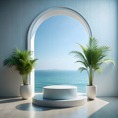 Coastal Minimalist Product Display: White Platform with Palm Plants and Ocean View