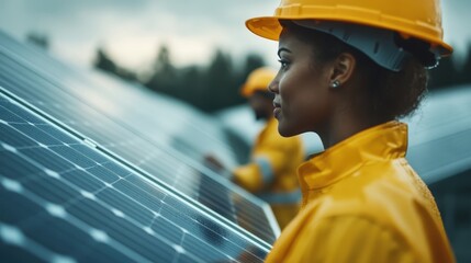 A focused professional woman inspects solar panels on a renewable energy site, emphasizing sustainability, teamwork, and modern technology in clean energy.