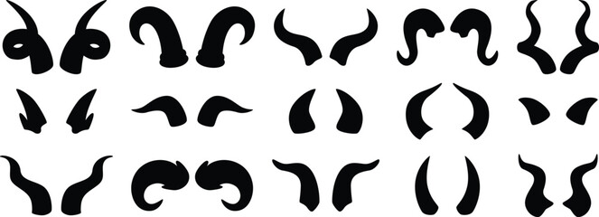 Devil horns silhouettes. Demon horn shapes collection, black imp or satan horns icons. Evil monster fantasy accessories. Gothic animal horn pairs isolated vector graphic elements set.