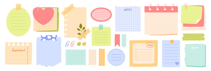 Cute paper notes. Doodle notebook sheets with torn edges, calendar and memo paper stickers, washi types. Diary, planner and scrapbook pastel color elements. Vector set.