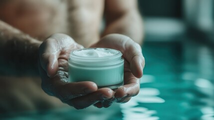 This serene image shows a hand presenting a jar of cream in a tranquil spa-like setting, highlighting self-care and the calming effects of skincare routines.