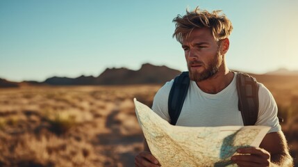 This adventurous image shows a man examining a detailed map in a vast desert landscape, encapsulating the spirit of exploration and the thrill of discovery.